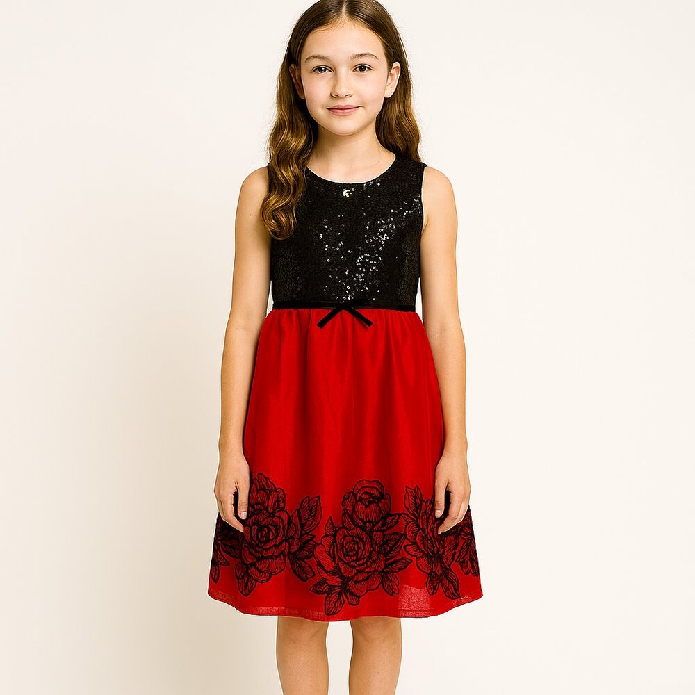 Newberry Girls Black/ Red Sequin Floral Taffeta/Satin Party Formal Dress Size 16